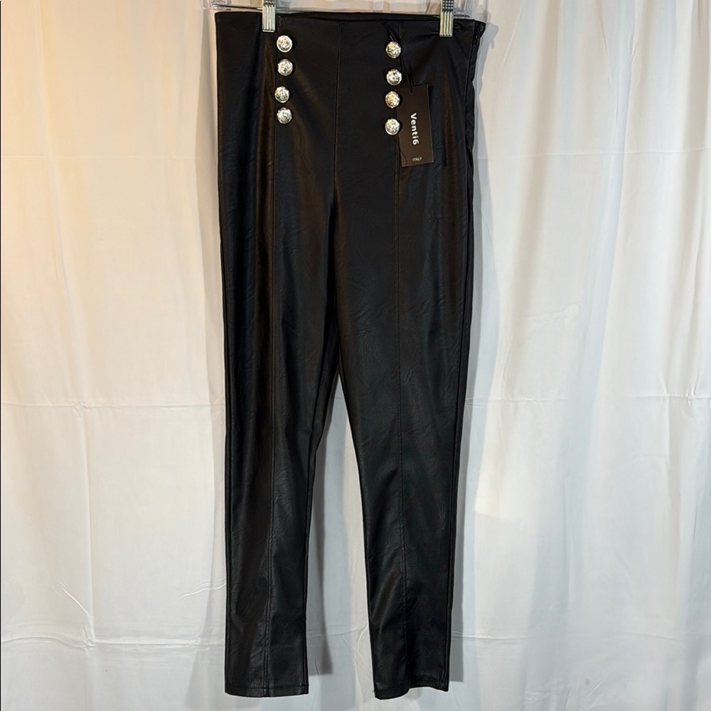 Venti6 Italian Faux Leather Black High-Waisted Pants with Button Detail Size L